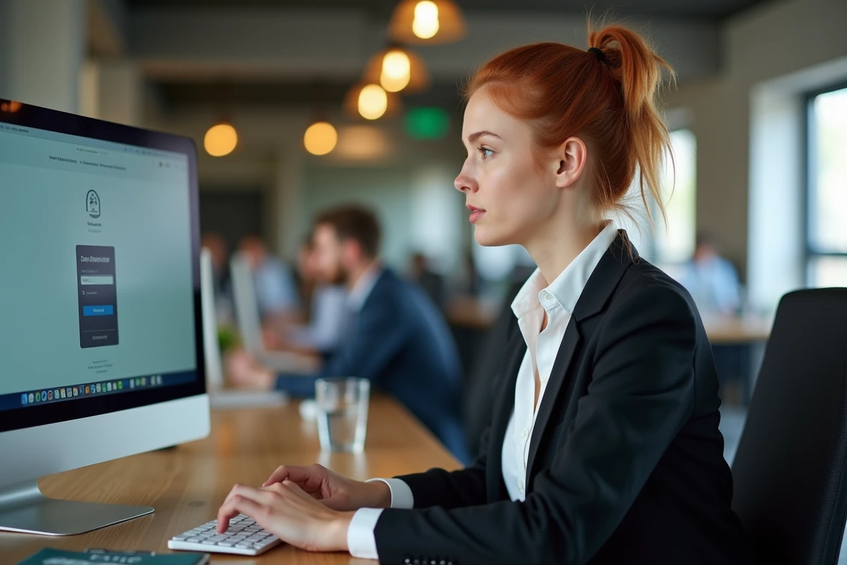 Jeune femme professionnelle accédant à son espace membre sécurisé depuis un espace de coworking