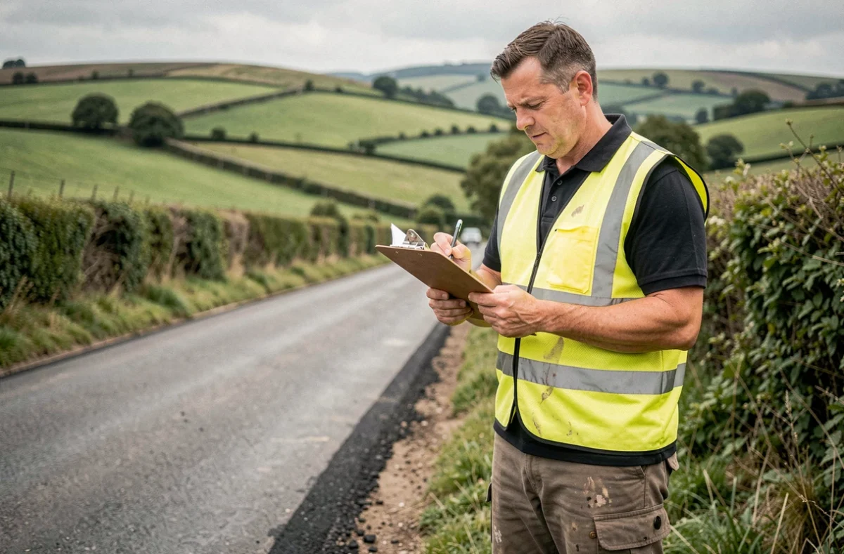 Agent des travaux publics d'une communauté de communes inspectant une route rurale rénovée avec un paysage de bocage en arrière-plan