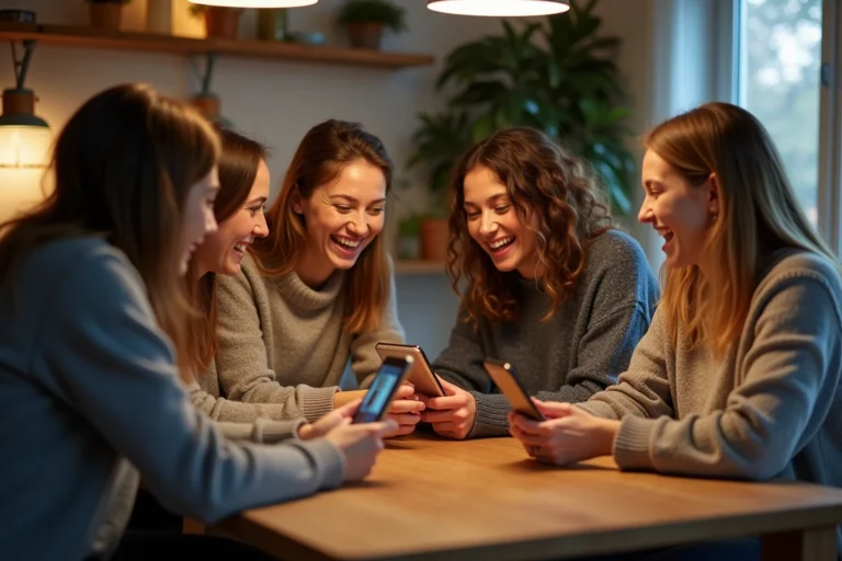 Groupe d'amis souriants lors d'un appel vidéo à la maison