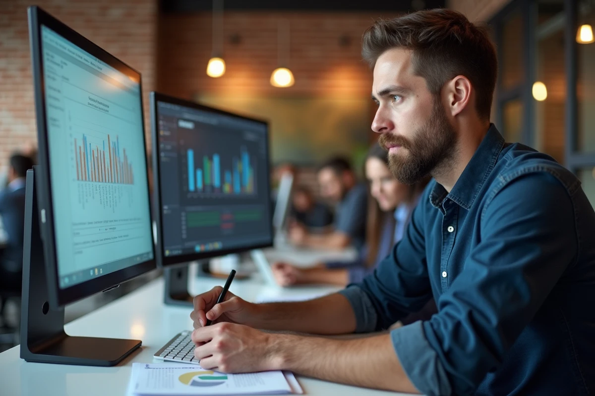 Homme analysant les performances de son blog sur un écran d'ordinateur dans un espace de co-working moderne avec graphiques et statistiques