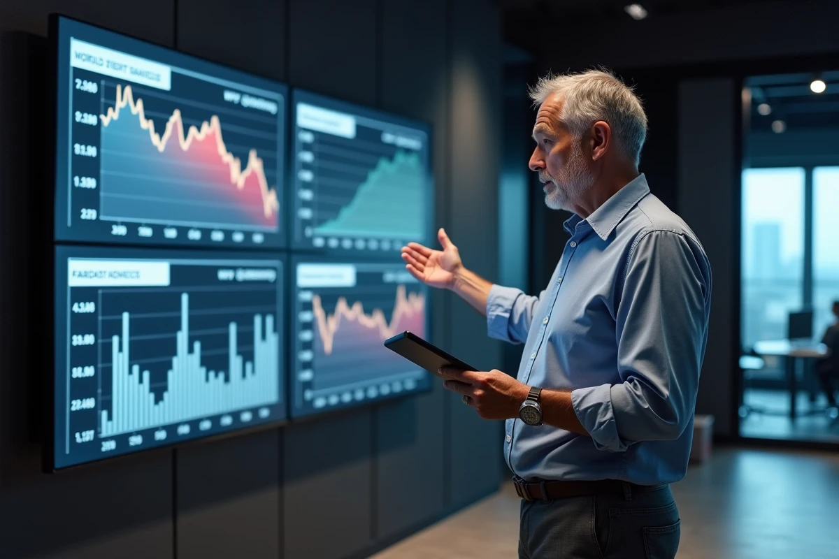 Analyste médiatique présentant un tableau de bord d'actualité mondiale avec données économiques et sportives sur grand écran dans un studio de diffusion moderne
