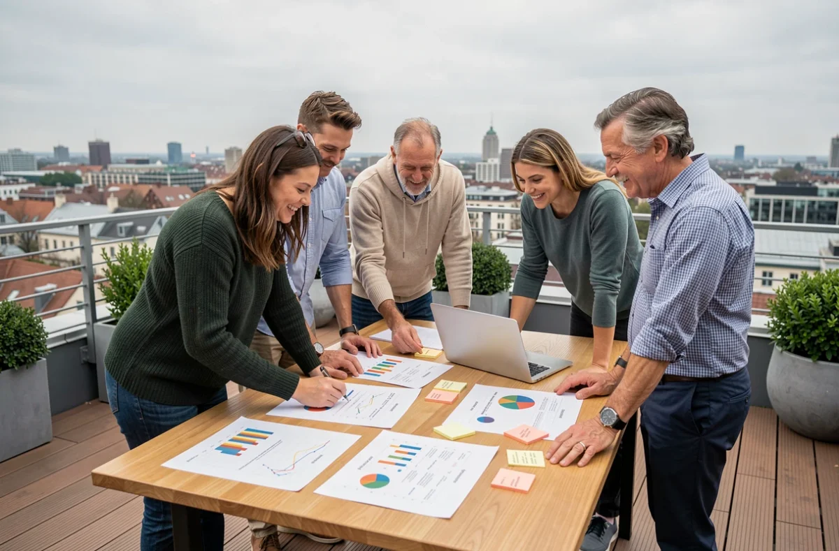 Équipe de professionnels collaborant sur un atelier de développement du leadership en terrasse urbaine