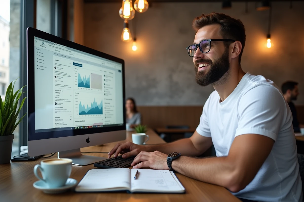Blogueur masculin analysant les statistiques de son blog sur un ordinateur dans un café moderne
