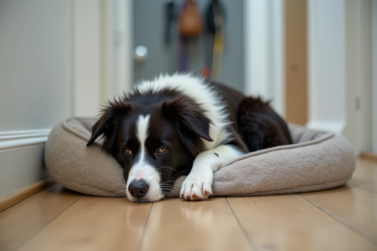 Border collie récemment toiletté allongé et fatigué sur son panier dans un couloir de maison calme