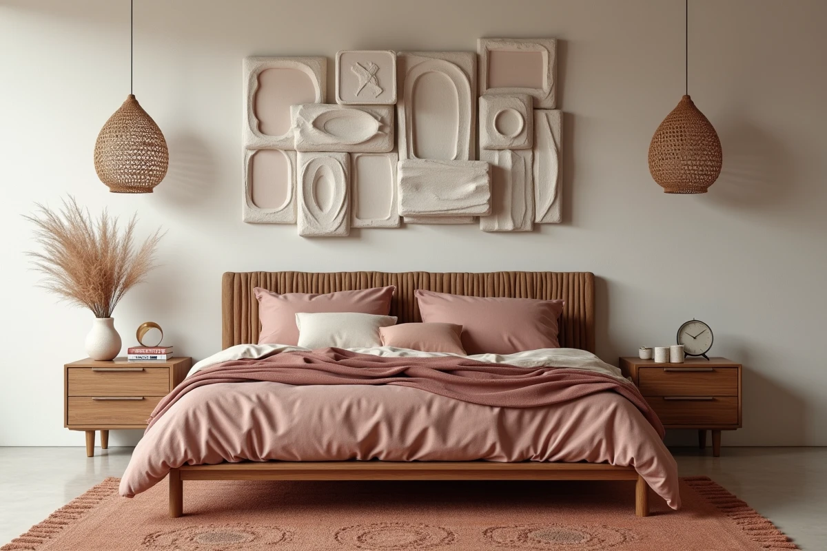 Chambre tendance 2024 avec tête de lit en chêne cannelé, panneaux en plâtre sculpturaux et literie en lin rose poudré