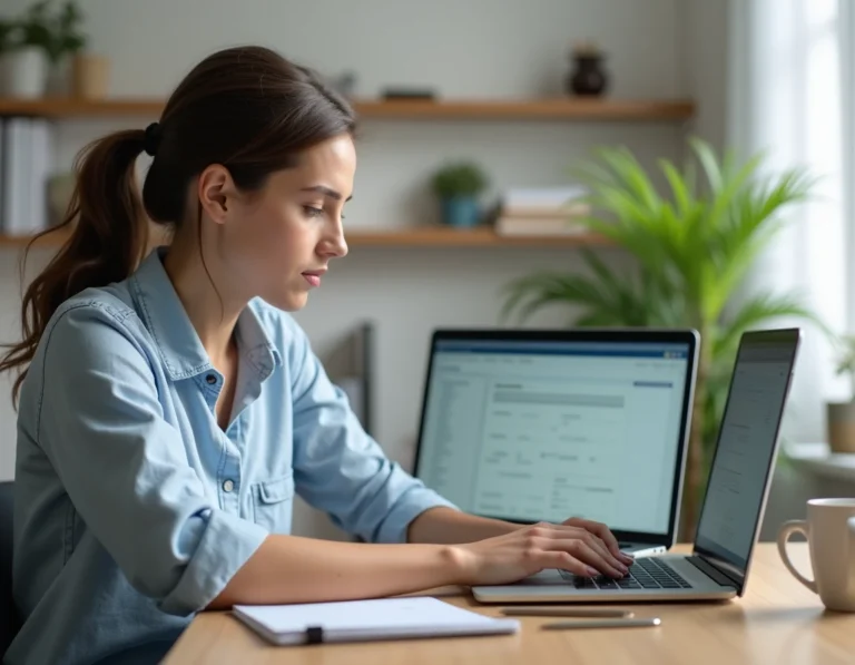 Femme effectuant un changement d'adresse en ligne depuis son bureau à domicile avec un ordinateur portable