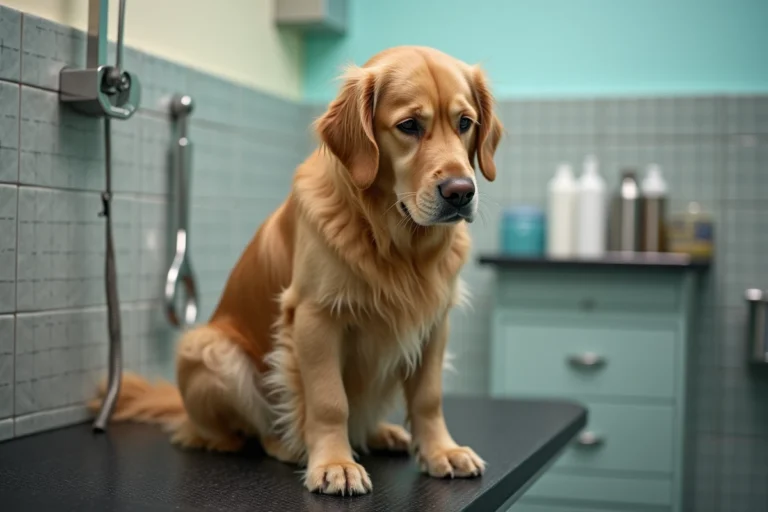 Chien golden retriever abattu assis sur une table de toilettage dans un salon professionnel pour animaux