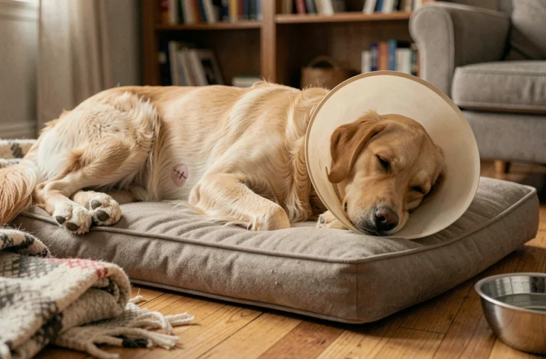 Chien golden retriever en convalescence après une opération de la rate, allongé sur un lit orthopédique avec collier de protection et suture abdominale visible