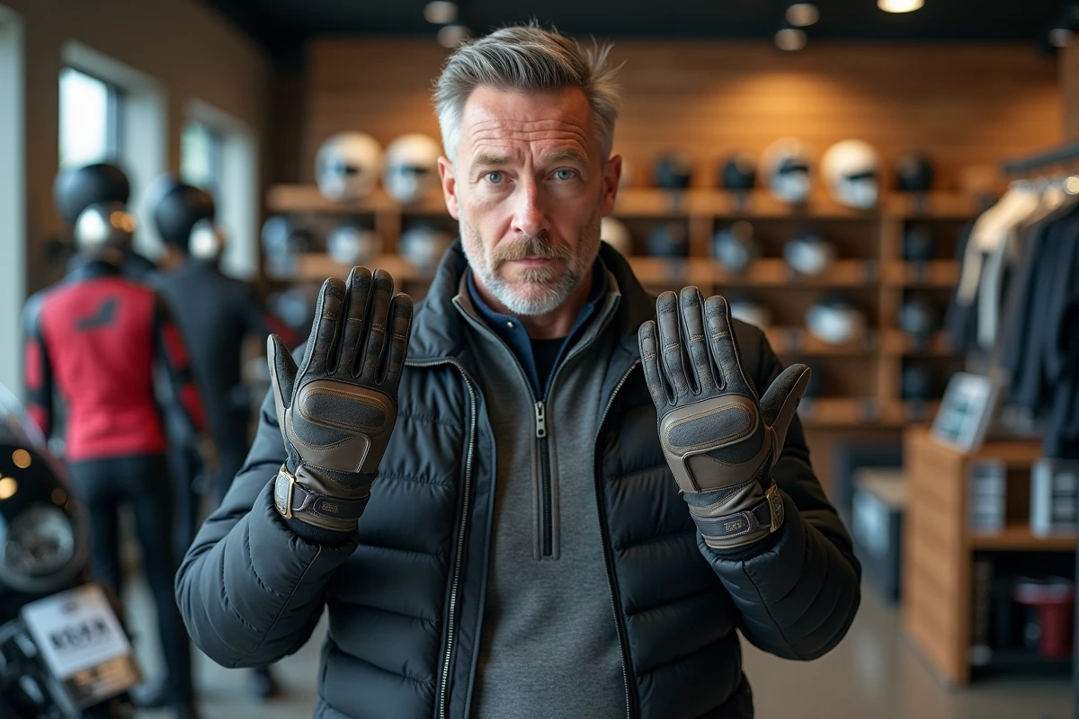 Motard comparant des gants de moto dans un magasin spécialisé en équipements de motard