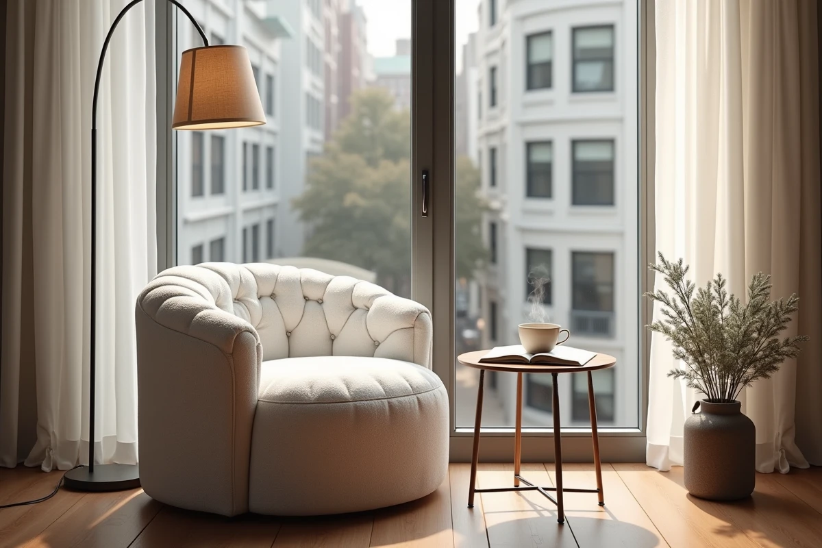 Coin lecture cosy avec fauteuil en bouclé blanc cassé, lampe arc et vue sur cour urbaine, tendances déco intérieure 2024