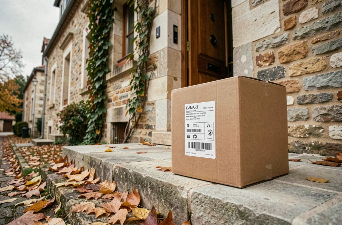 Colis Damart livré sur le pas d'une porte en pierre d'une maison française en automne avec étiquette de suivi visible