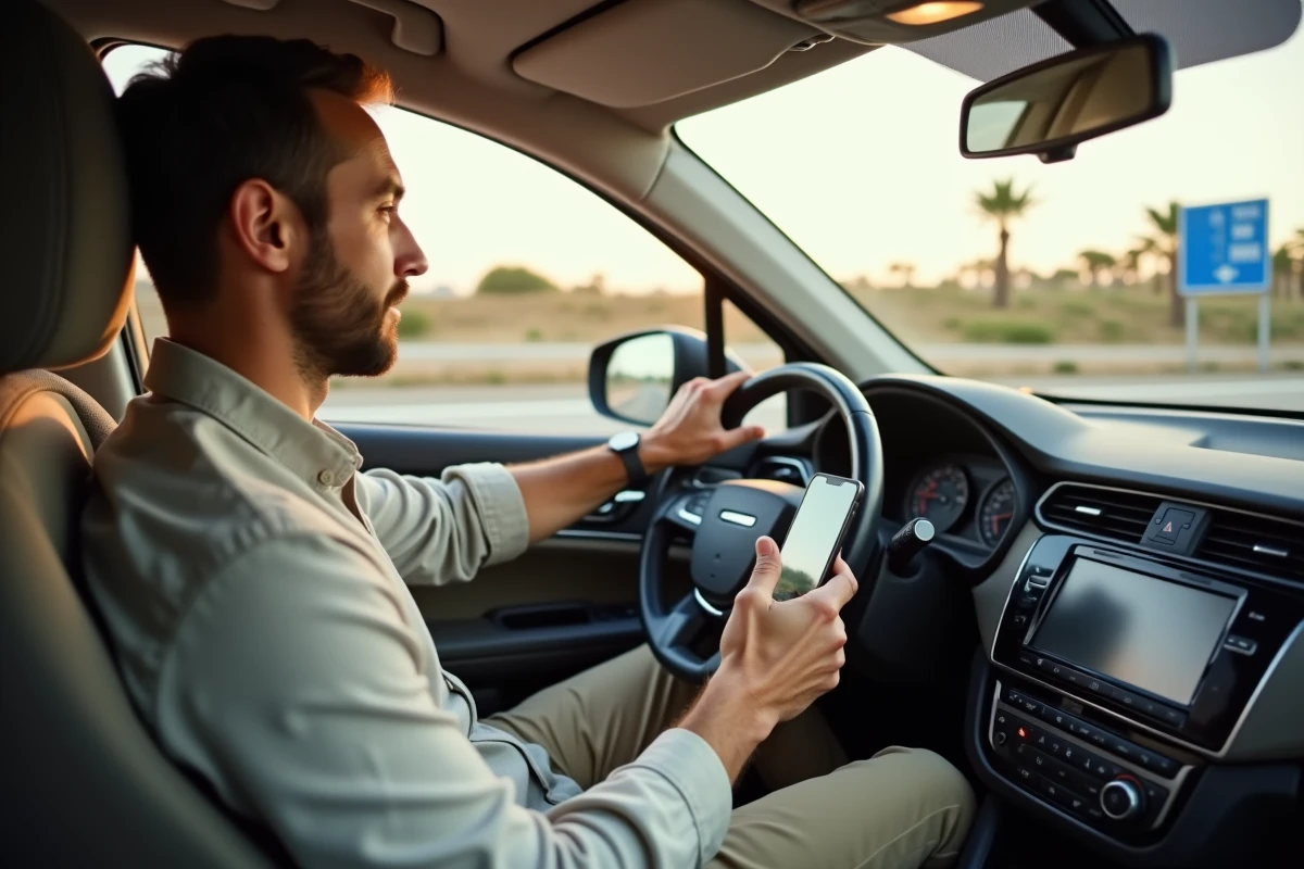 Conducteur consultant une application GPS sur smartphone dans une voiture sur autoroute en Espagne