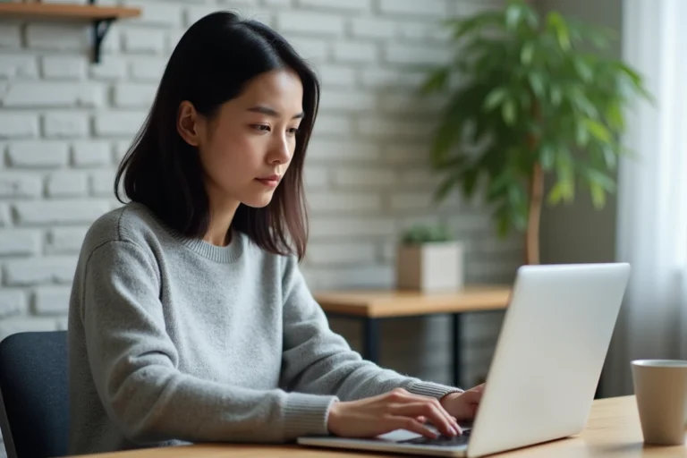 Femme connectée à son espace membre en ligne depuis son bureau à domicile sur un ordinateur portable