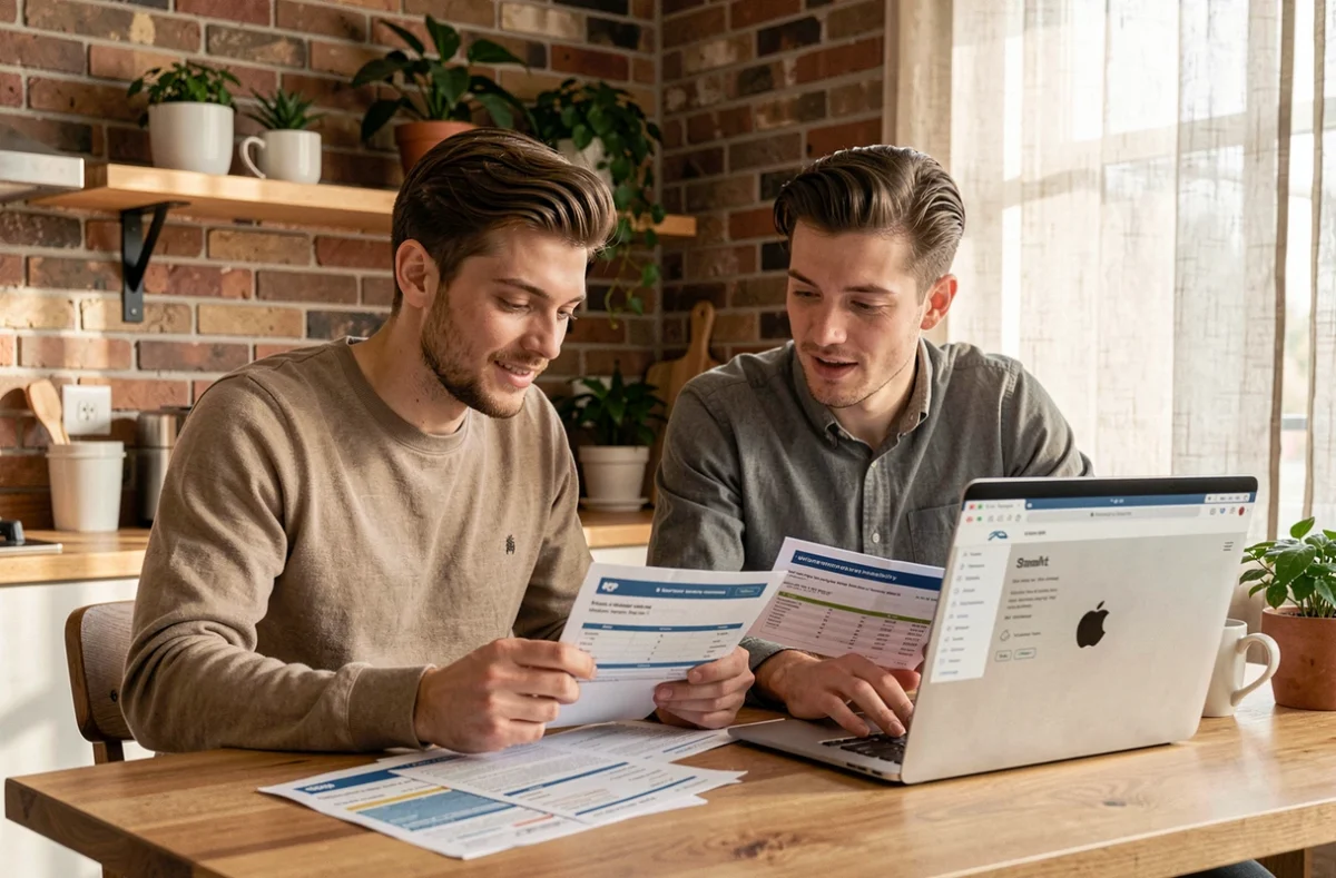 Jeune couple comparant des offres de crédit sur ordinateur portable à la maison