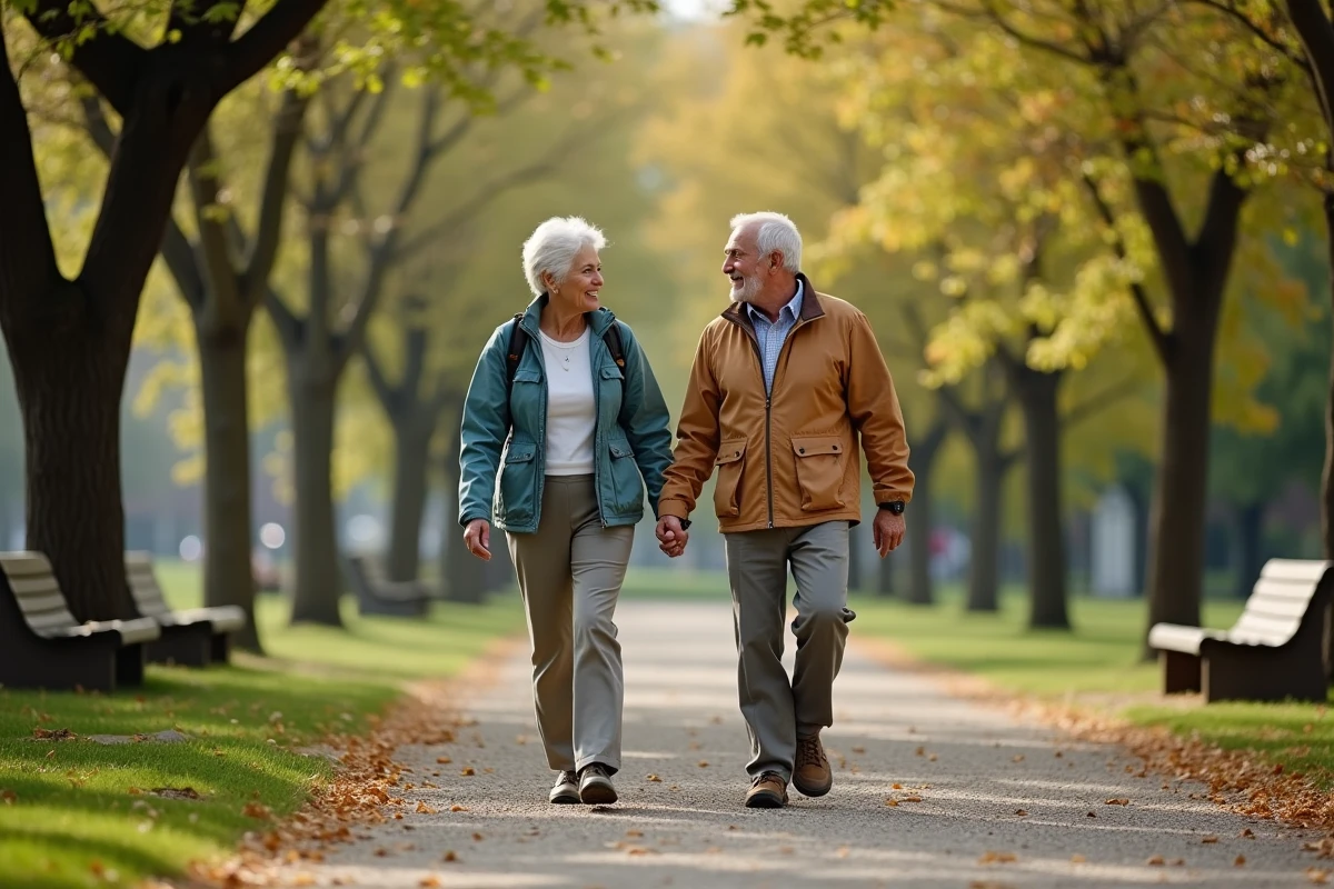 Couple de retraités marchant dans un parc en discutant