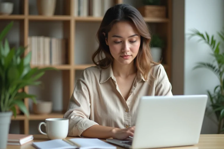 Femme professionnelle travaillant sur son blog depuis un bureau à domicile bien organisé avec un ordinateur portable et des accessoires de travail