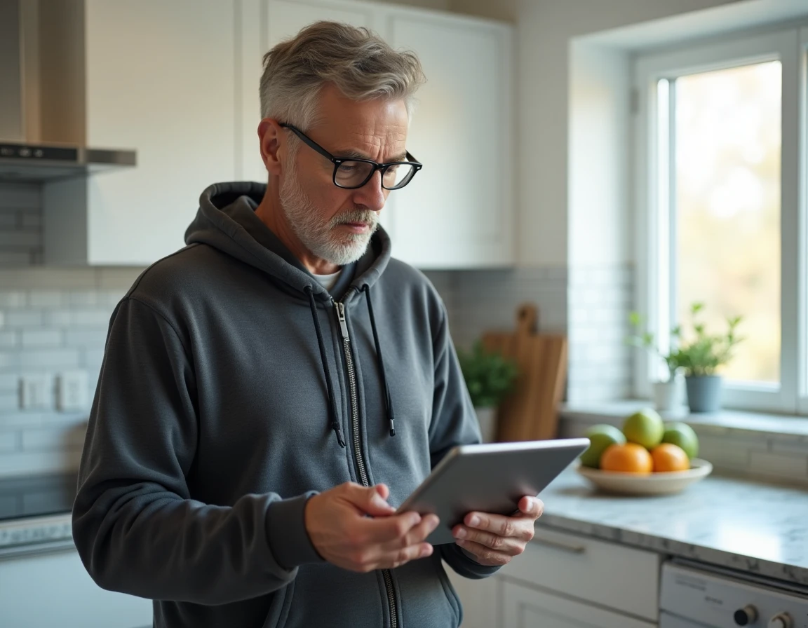 Homme consultant les démarches de changement d'adresse sur une tablette dans sa cuisine