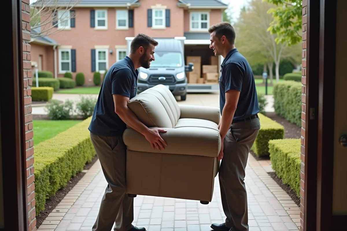 Deux déménageurs portant un canapé dans une maison de banlieue