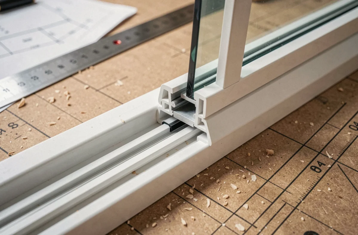 Gros plan sur un profil de fenêtre coulissante PVC blanc et son rail aluminium en atelier de fabrication sur mesure