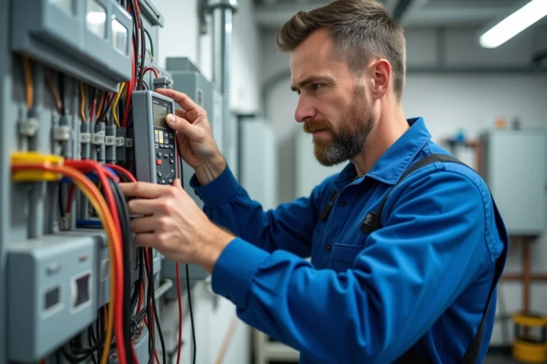 Électricien homme en overalls examine un panneau électrique résidentiel
