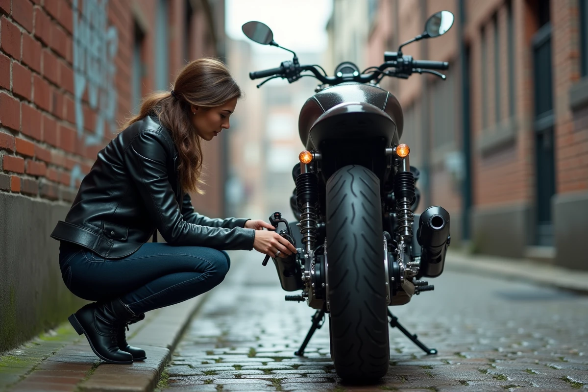 Motarde entretenant la chaîne de sa moto dans une ruelle urbaine pavée et humide