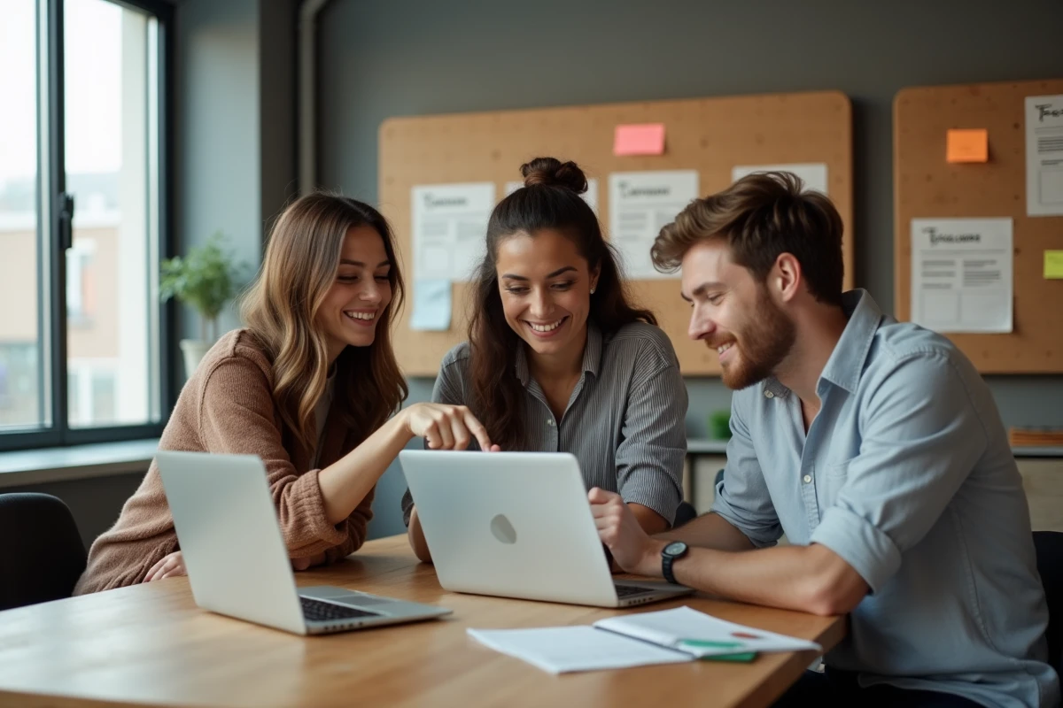Équipe de blogueurs collaborant autour d'un calendrier éditorial dans un espace de coworking moderne