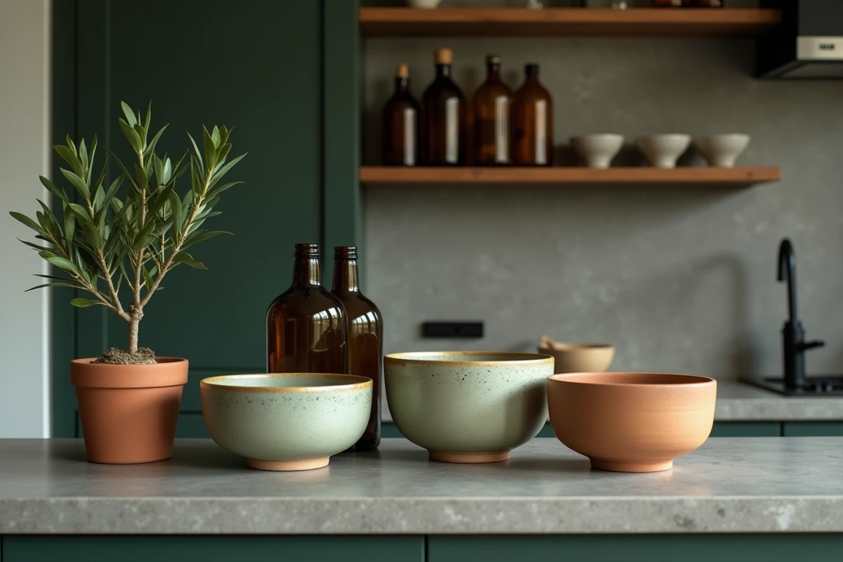 Étagère de cuisine avec bols en grès artisanal, petite plante d'olivier et bouteilles en verre ambré, décoration intérieure tendance 2024