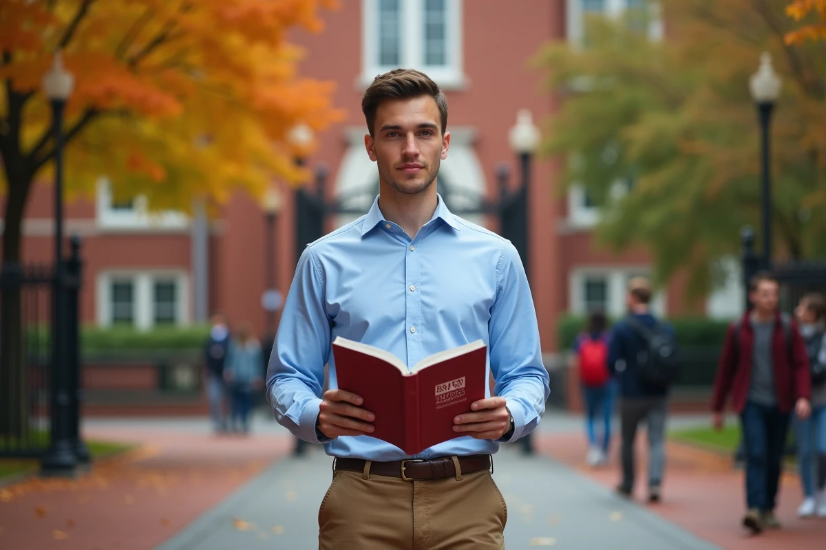 Étudiant tenant une brochure de frais de scolarité devant un bâtiment emblématique du campus de Harvard