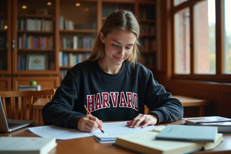 Étudiante à Harvard révisant un document d'aide financière dans une bibliothèque universitaire classique