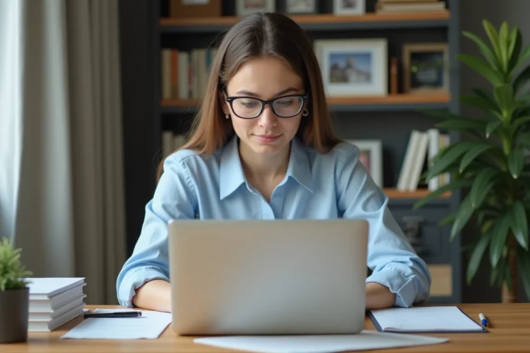 Femme en bureau informatique travaillant sur un ordinateur