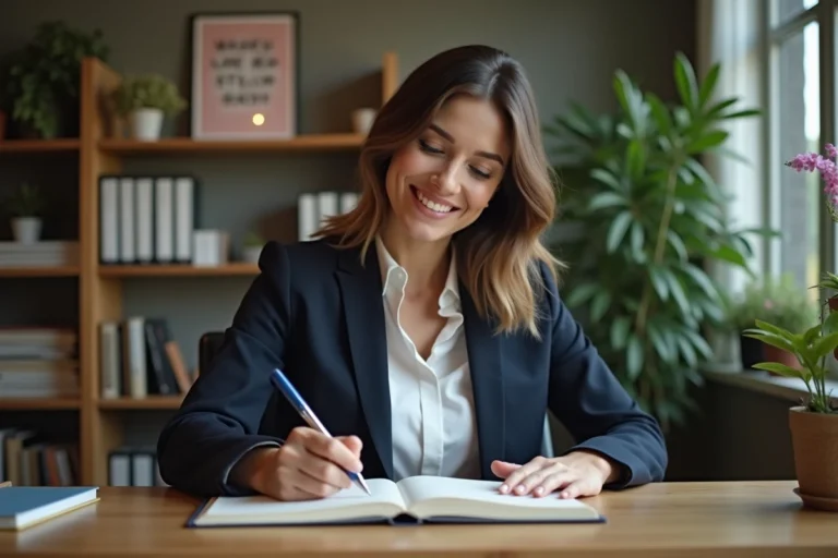 Femme confiante écrivant dans un journal dans un bureau cosy