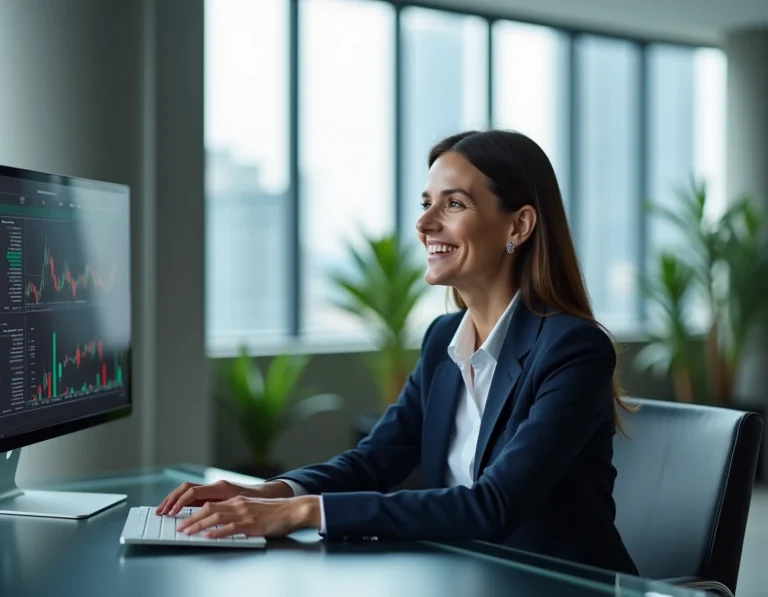 Femme cadre analysant des graphiques d'investissement sur un écran dans un bureau moderne en 2024