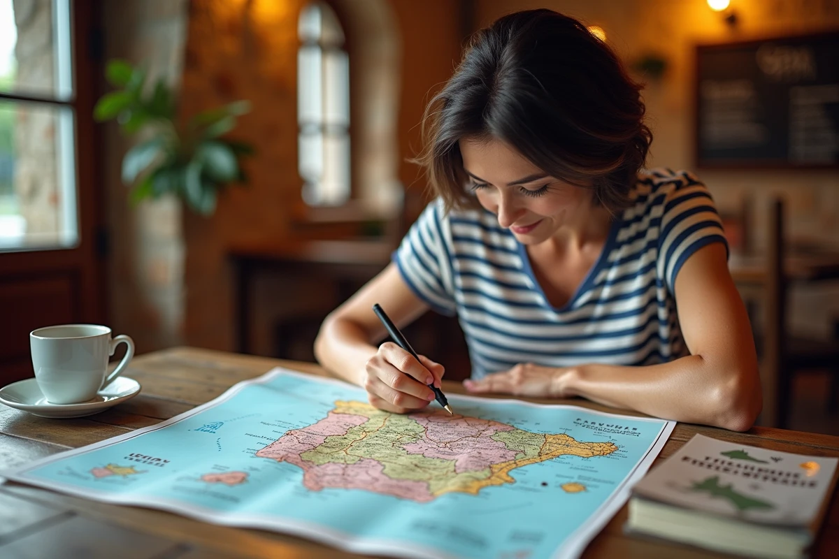 Femme planifiant un itinéraire sur une carte routière de l'Espagne dans un café avec un café et une brochure touristique