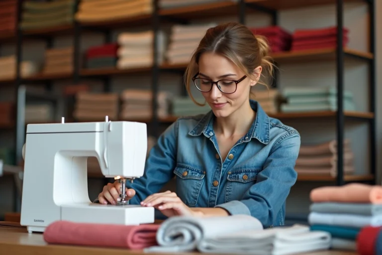 Femme testant une machine à coudre moderne dans un atelier cosy