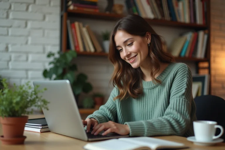 Jeune femme créant son blog sur un ordinateur portable dans un bureau à domicile chaleureux et inspirant