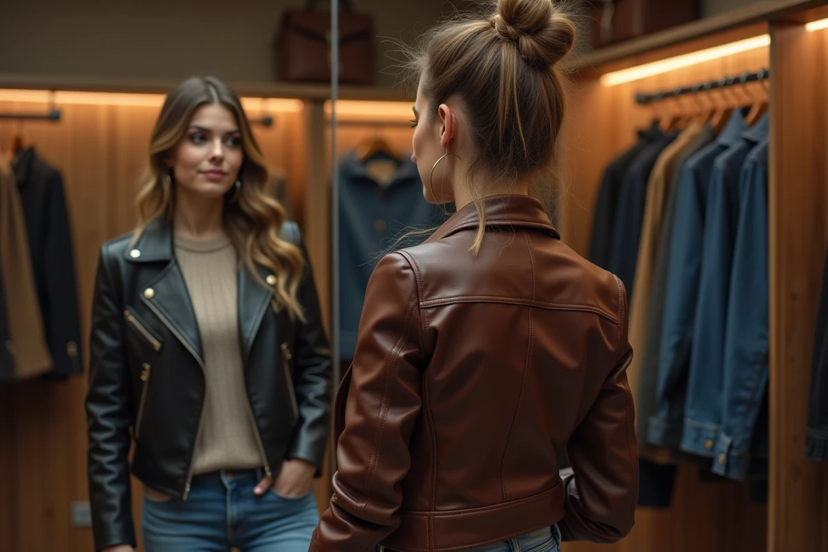 Femme essayant une veste en cuir dans un dressing