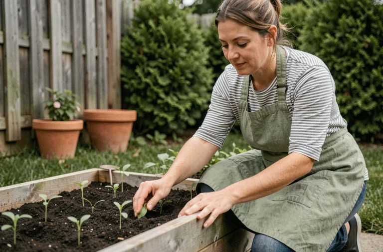 Femme jardinant dans un potager surélevé en bois avec des semis et des outils de jardinage dans un jardin extérieur verdoyant