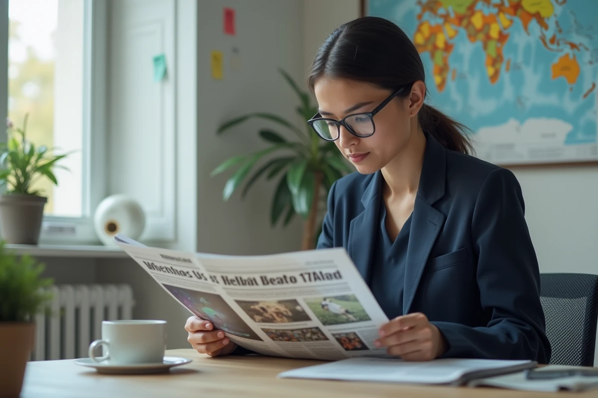 Jeune femme professionnelle lisant un journal international et consultant une tablette avec des données économiques et sportives dans un bureau à domicile épuré