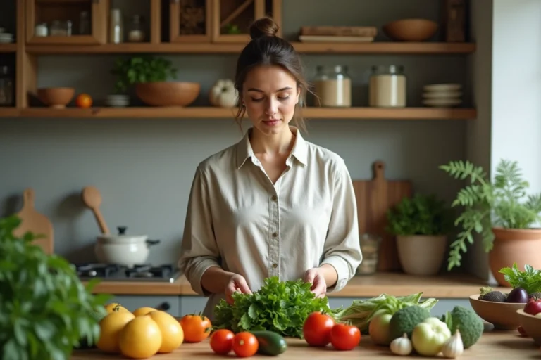 Femme examine des légumes frais dans sa cuisine naturelle