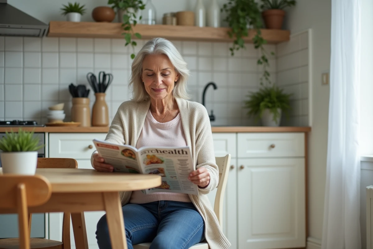 Femme d'âge moyen lisant un magazine santé à la maison
