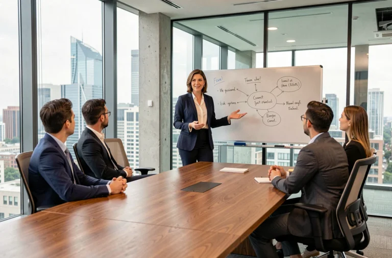 Femme manager présentant une stratégie de leadership à son équipe dans une salle de réunion moderne