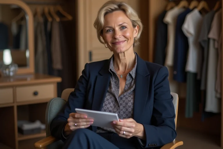 Femme élégante en backstage avec costume navy