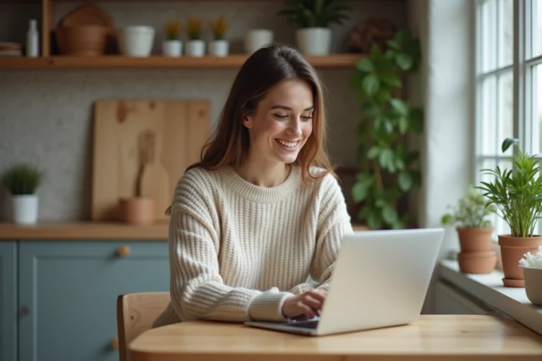 Femme souriante découvrant des cadeaux en ligne dans une cuisine chaleureuse