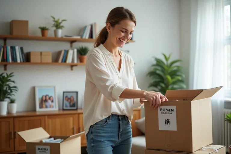 Femme souriante organisant des cartons dans un salon lumineux