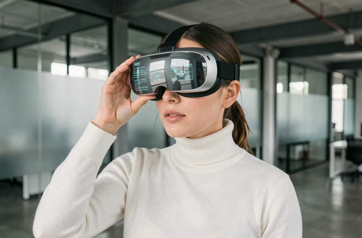 Femme portant un casque de réalité augmentée dans un espace de travail technologique moderne, illustrant les innovations tech 2024