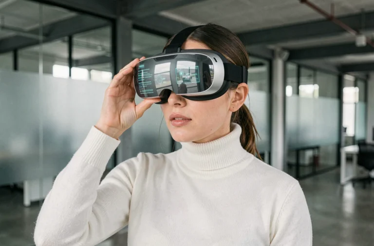 Femme portant un casque de réalité augmentée dans un espace de travail technologique moderne, illustrant les innovations tech 2024