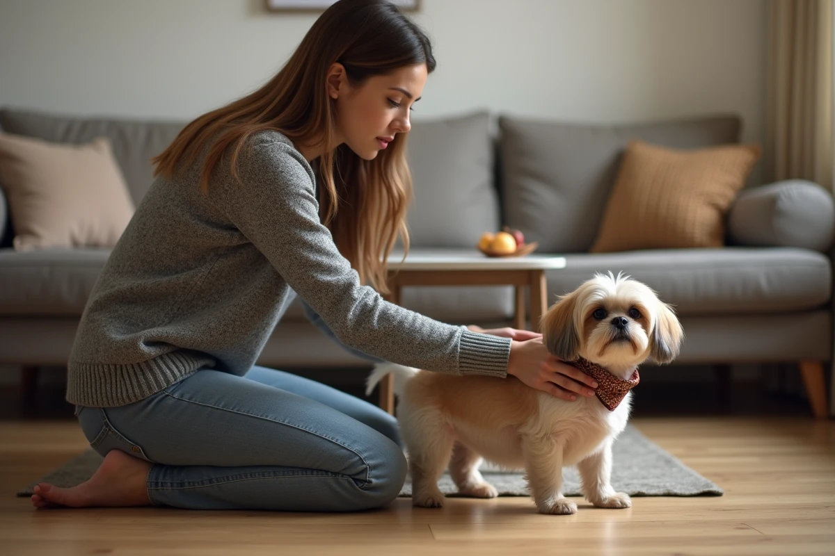 Femme réconfortant son petit chien fatigué et stressé après une séance de toilettage à domicile
