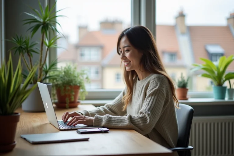 Femme travaillant sur un laptop dans un espace moderne