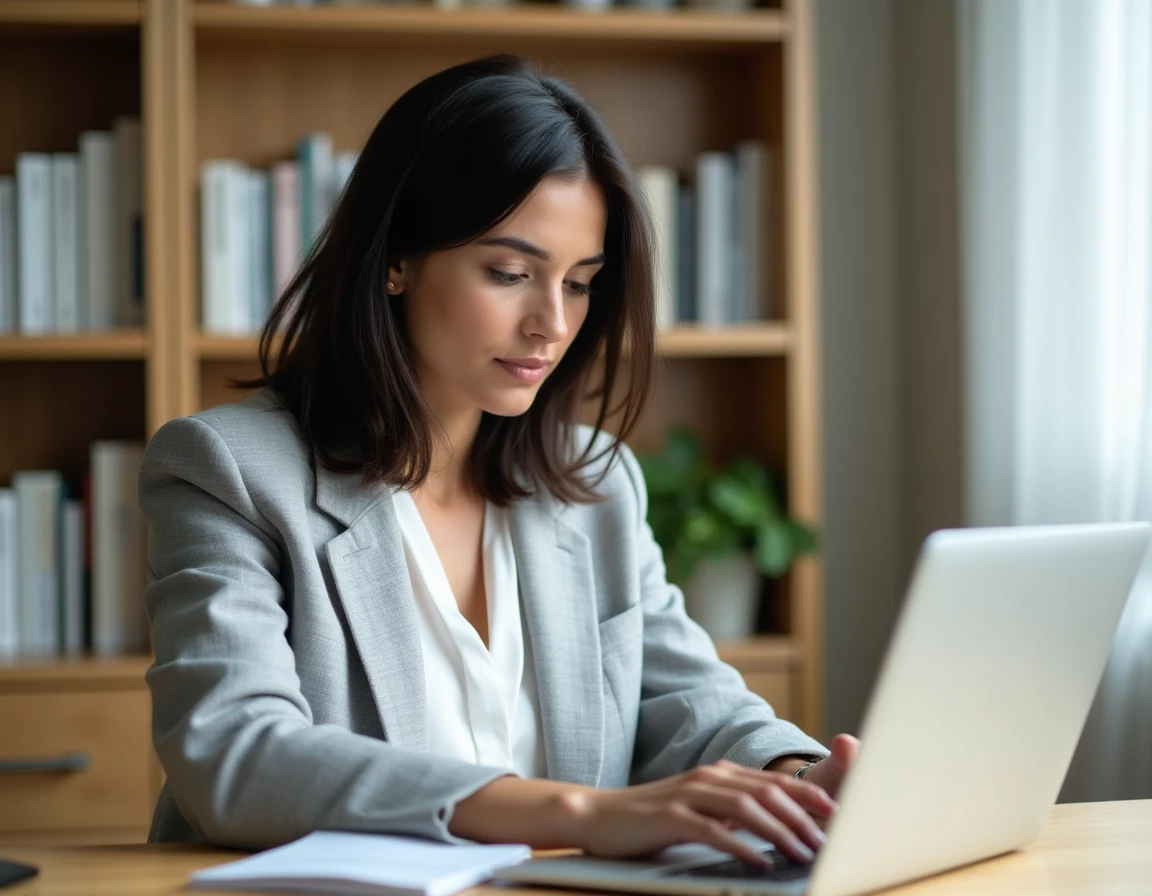 Femme concentrée vérifiant des informations fiables sur son ordinateur portable dans un bureau à domicile bien organisé