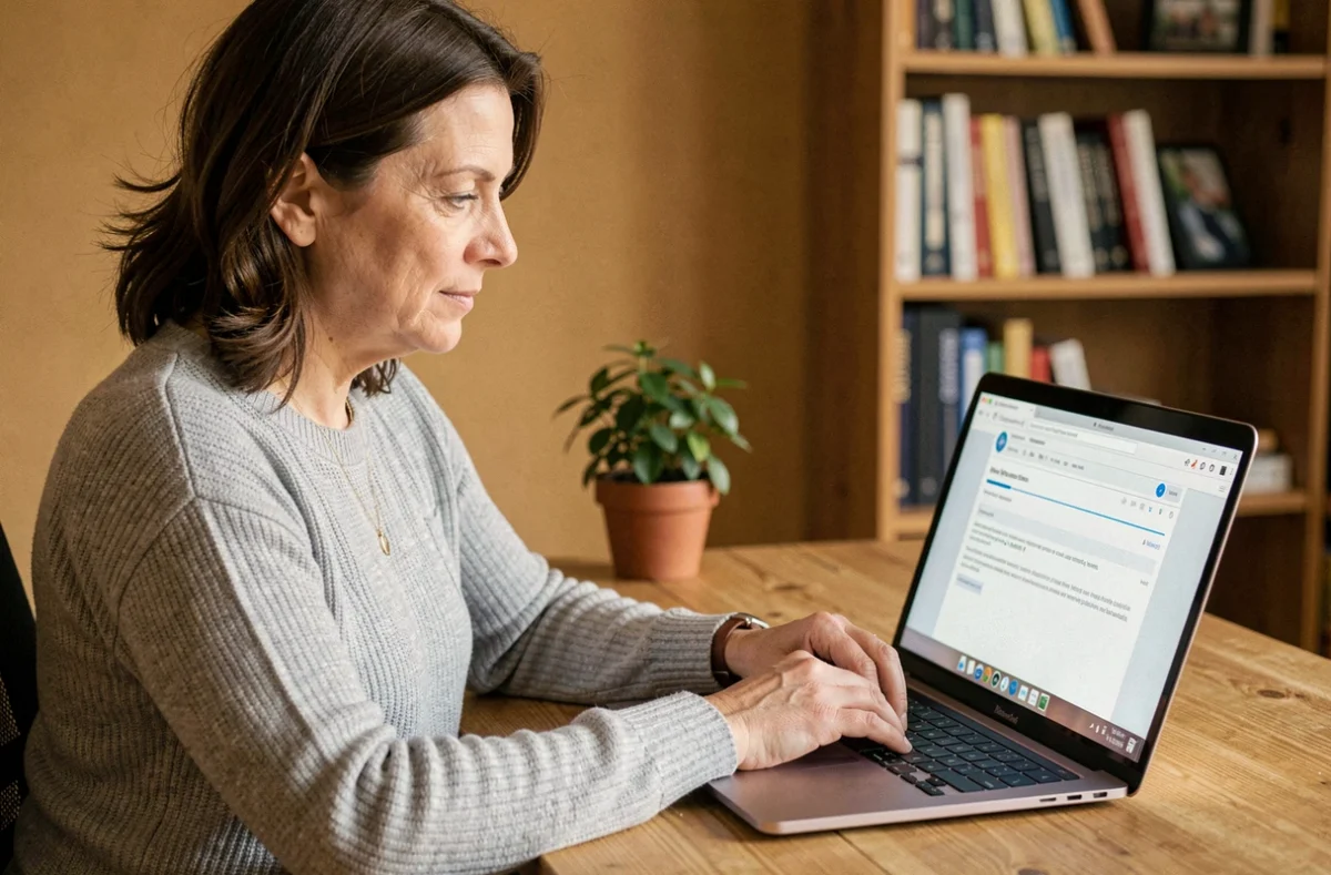 Femme utilisant une interface webmail Zimbra sur un ordinateur portable dans un bureau à domicile